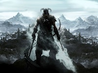 The dovahkiin from skyrim seen in front of a frozen landscape