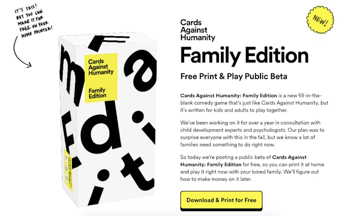 Cards Against Humanity has a new family-friendly version available for a free download.
