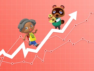 Two characters from "Animal Crossing: New Horizons" on a red and white stalk market graph