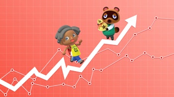 Two characters from Animal Crossing: New Horizons on a red and white stalk market graph
