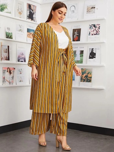 SHEIN Plus Striped Kimono and Paperbag Waist Palazzo Pants Set