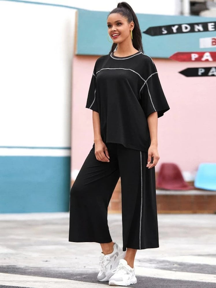 SHEIN Contrast Stitch Top and Wide Leg Pants Set