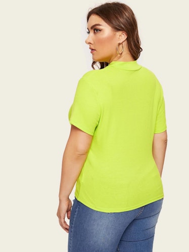 SHEIN Plus Neon Lime Mock-neck Ribbed Knit Top
