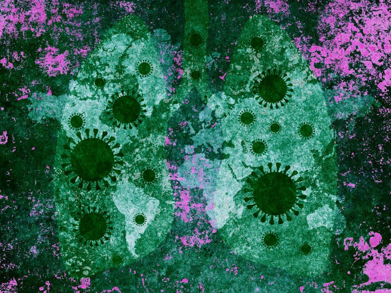 Collage of x-ray lung view and bacteria drawings over it