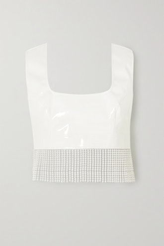 Cropped Faux Pearl-Embellished Vinyl Top