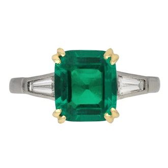 Berganza Colombian Emerald and Diamond Flanked Solitaire Ring