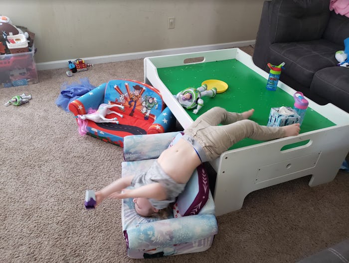 Even upside down, kids entertaining themselves while at home practicing social distancing can be don...