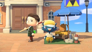 A screenshot from the game "Animal Crossing: New Horizons" in the buying clothes segment