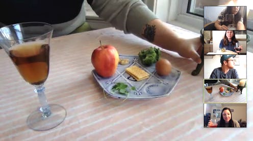 A Passover seder plate as seen through a zoom window. With the coronavirus pandemic, Jewish millenni...