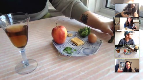 A Passover seder plate as seen through a zoom window. With the coronavirus pandemic, Jewish millenni...