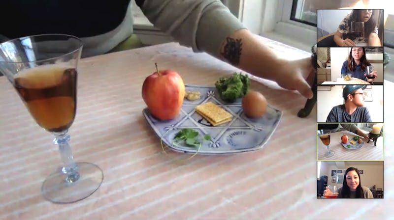 A Passover seder plate as seen through a zoom window. With the coronavirus pandemic, Jewish millenni...