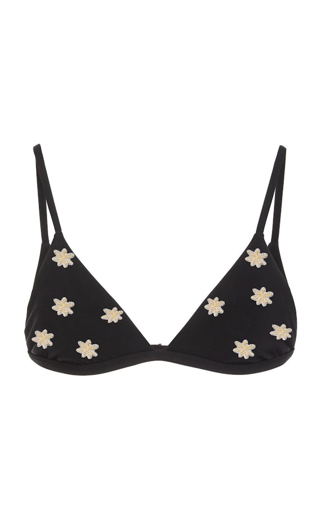 Black Triangle Bikini Top With Floral Embroidery