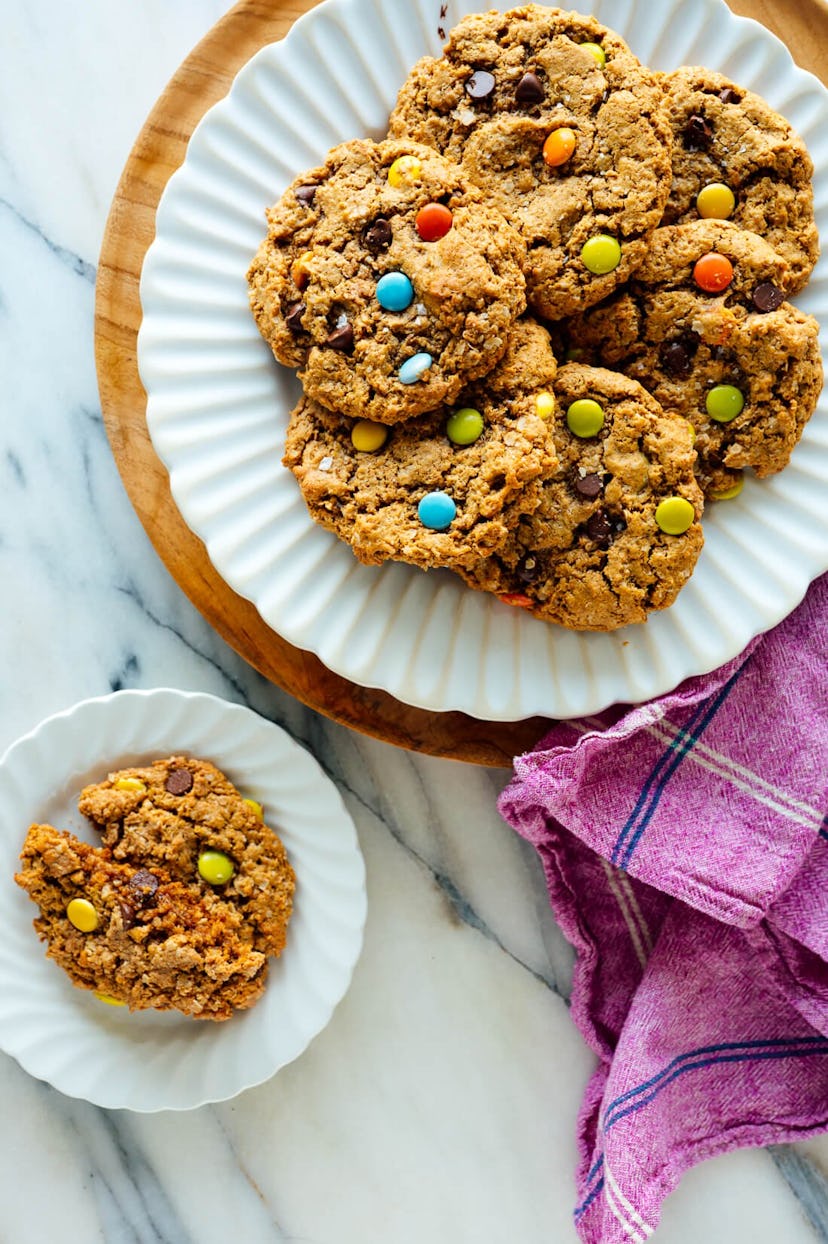Monster cookies with M&Ms and chocolate chips make for an easy no flour dessert.