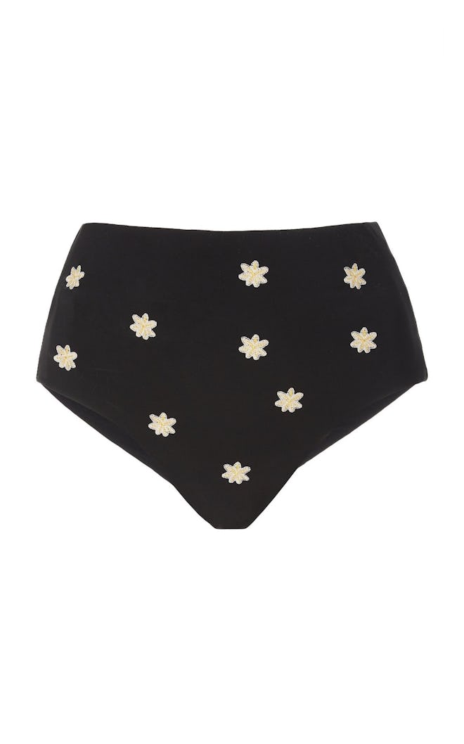 Black High Waisted Cheeky Bottom With Floral Embroidery