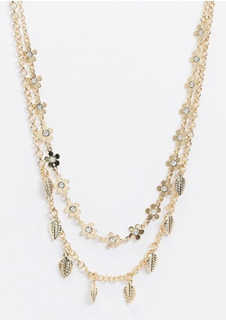 ASOS DESIGN Multirow Necklace with Floral and Leaf Pendants in Gold Tone