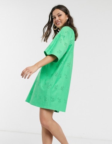 ASOS DESIGN Broderie Super Oversized T-shirt Dress in Green