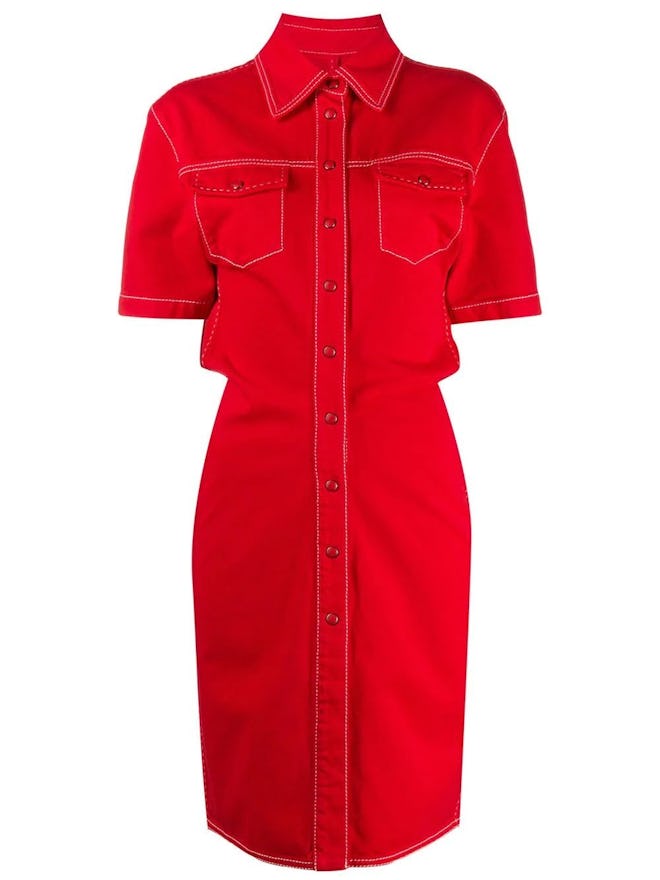 Red Denim Buttoned Dress