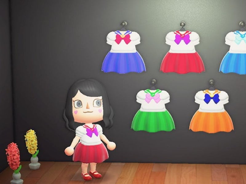 An animated character and the Sailor Moon-themed outfits in Animal Crossing: New Horizons