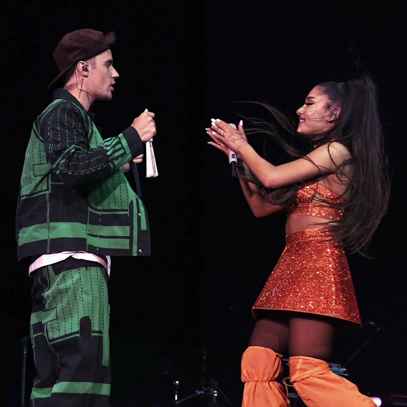 Justin Bieber (L) performs with Ariana Grande at Coachella Stage during the 2019 Coachella Valley Mu...