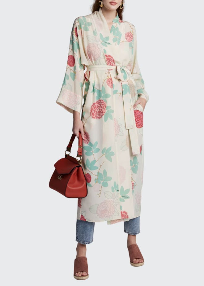 Floral-Print Crepe de Chine Peignoir Dress