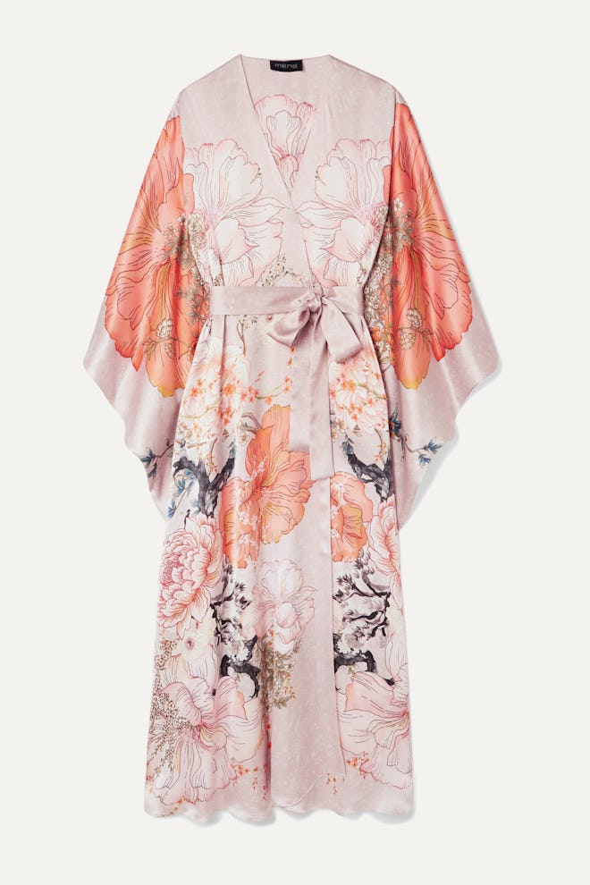 Floral-print silk-satin robe