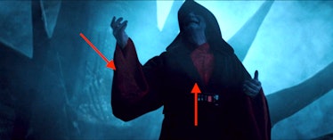 Ian McDiarmid as Sheev Palpatine in Star Wars with two red arrows pointing at his hand an chest
