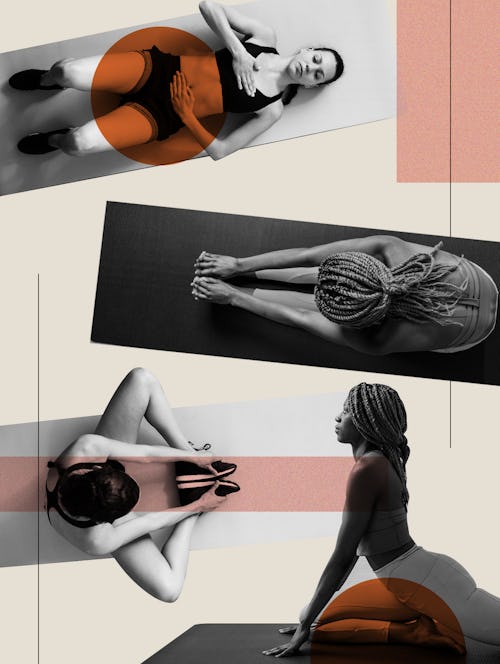Collage of women stretching their pelvic floors on workout mats