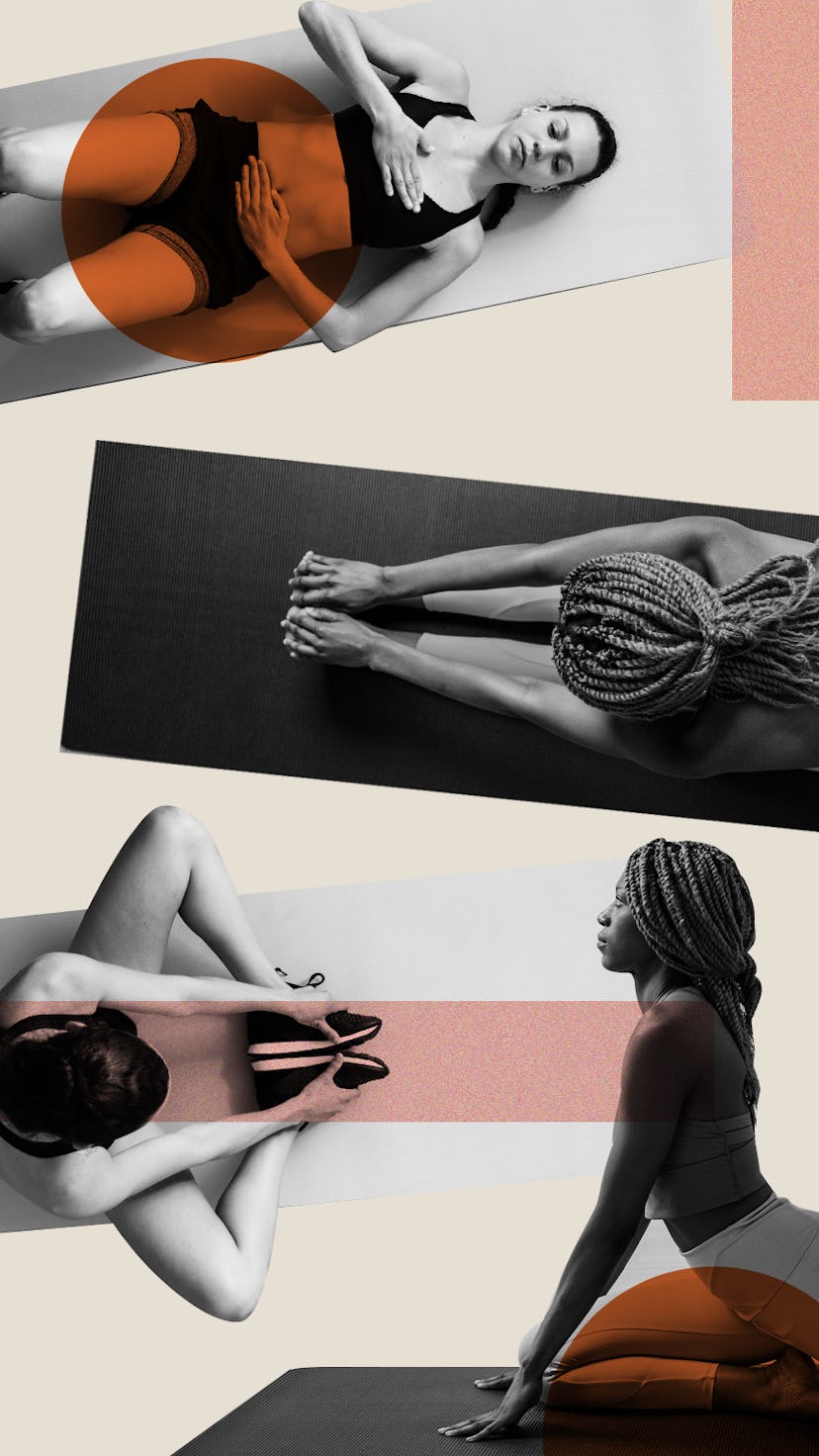 Collage of women stretching their pelvic floors on workout mats