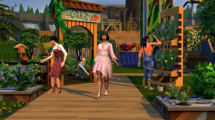 A screenshot of 'The Sims 4 Eco Lifestyle' shows Sims participating in a community garden and walkin...