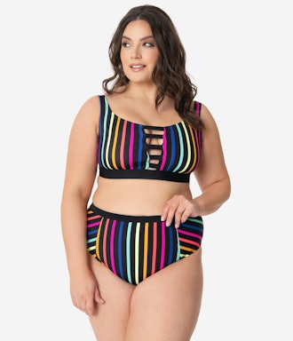 Unique Vintage Plus Size Neon Rainbow Stripe Bikini