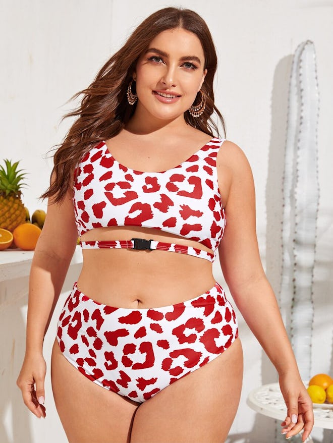 Shein Plus Leopard Cut-Out High Waisted BIkini Swimsuit