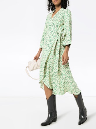 Leaf-Print Crepe Wrap Midi Dress