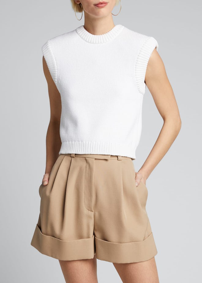 Tube Yarn Cropped Pullover With Detachable Shoulder Pads