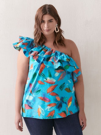 Printed One Shoulder Flounce Blouse