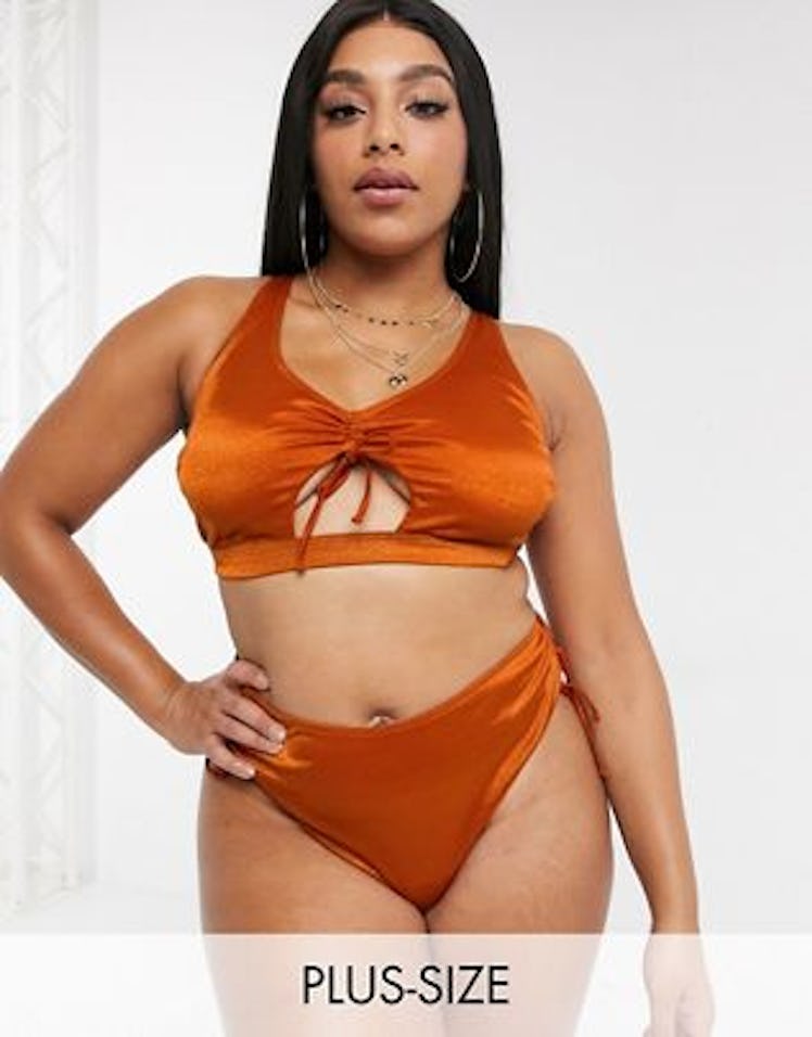 Wolf & Whistle Curve Exclusive Tie Front Crop Bikini Top in High Shine Rust