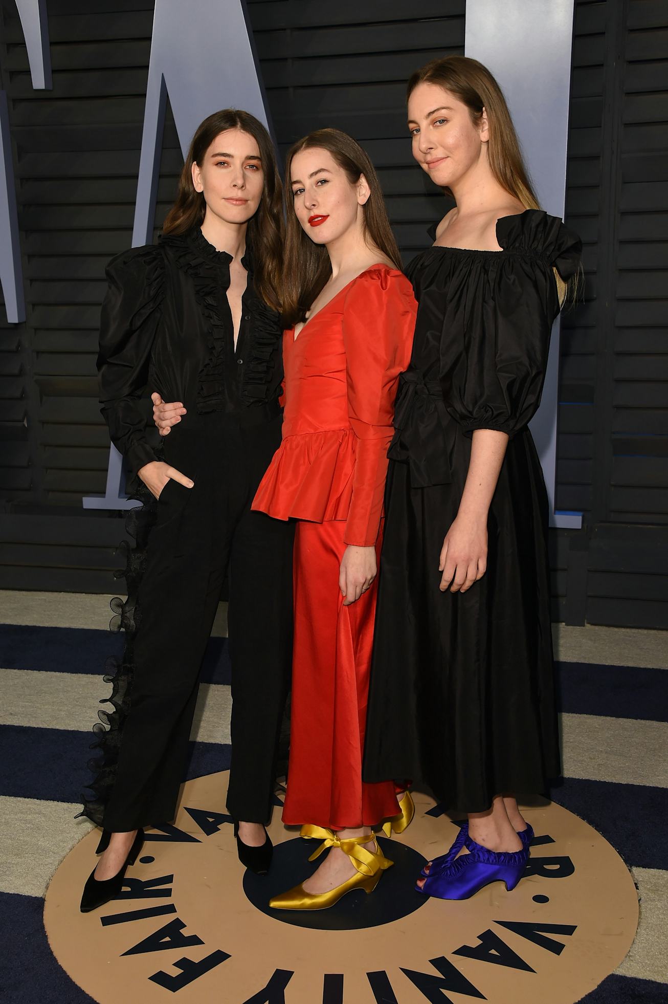Danielle Haim, Este Haim and Alana Haim of Haim attend the 2018 Vanity Fair Oscar Party hosted by Ra...