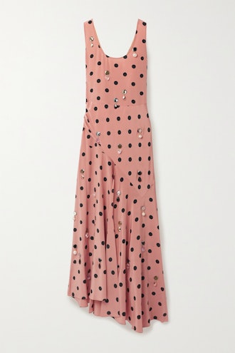 Tory Burch Antique Rose Embellished Draped Polka-Dot Silk-Georgette Maxi Dress
