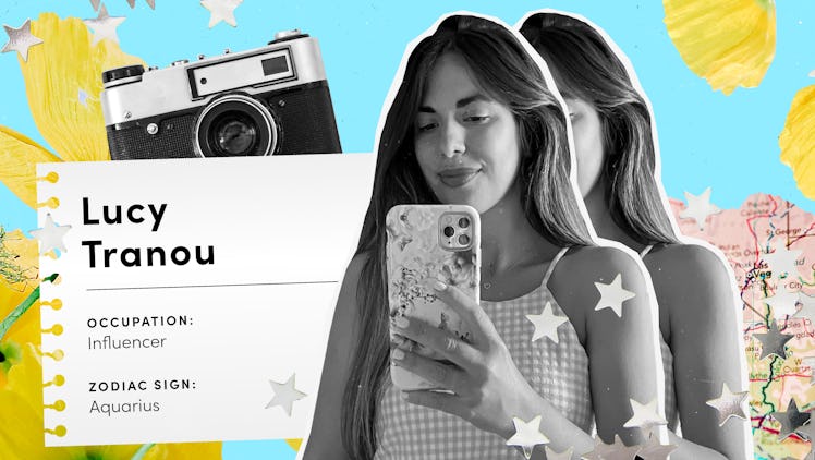 A woman wearing a checkered tank top takes a selfie.