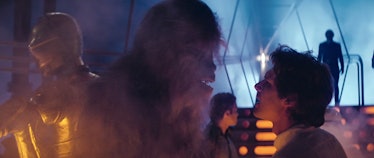 Leia, Chewie, and Han Solo in the scene from the Star Wars movie Empire Strikes Back