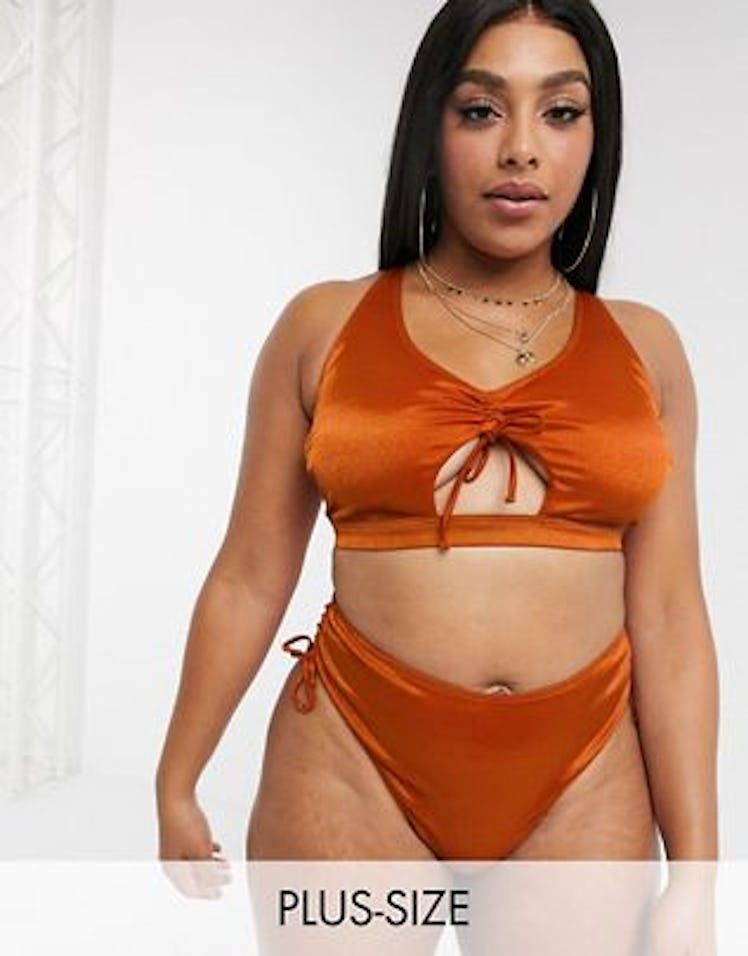 Wolf & Whistle Curve Exclusive Tie Side High Waist Bikini Bottom in High Shine Rust