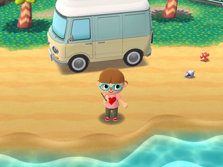 A screenshot of 'Animal Crossing: Pocket Camp' shows a brown-haired girl fishing at the beach.