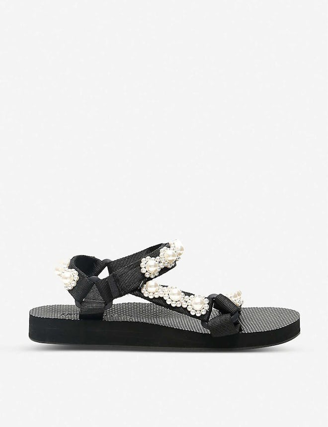 Trekky Chic Faux Pearl-Embellished Woven Sandals