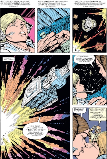 Princess Leia Organa and Luke Skywalker kissing in the comic book series Star wars.