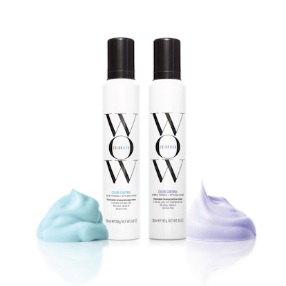 Purple and blue shades from Color Wow's new Color Correcting Toning + Styling Foams.