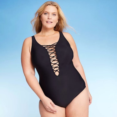 Aqua Green Women's Plus Size Lace-Up One Piece Swimsuit
