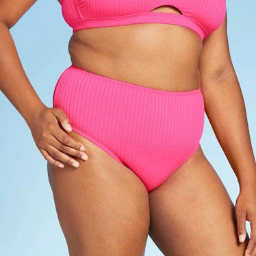 Xhilaration Women's Plus Size Ribbed Cheeky High Waist Bikini Bottom in Pink