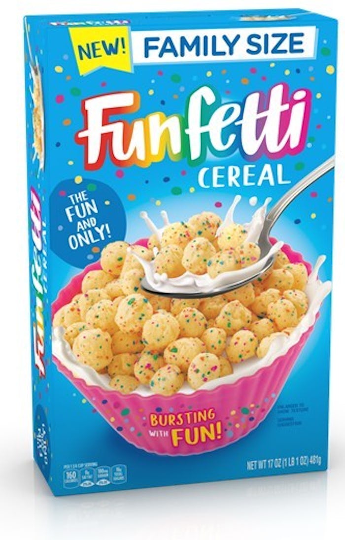 A blue box with funfetti cereal inside.