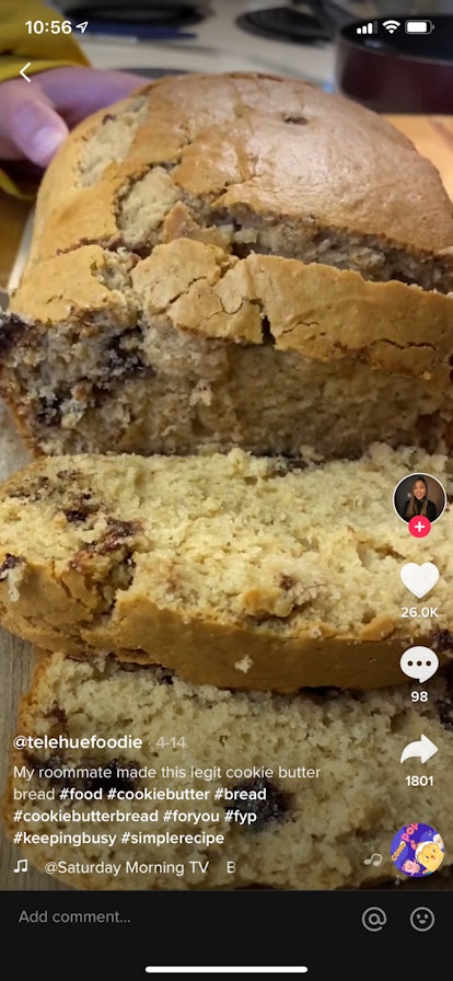 A TikTok user bakes and cuts a delicious loaf of cookie dough bread.