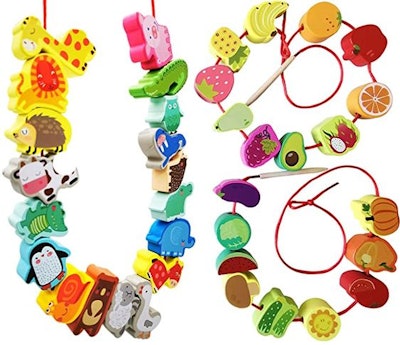 BM TOYS Wooden Farm Animal Fruit Vegetable String Lacing Beads Montessori Toddlers Preschool Boy Gir...