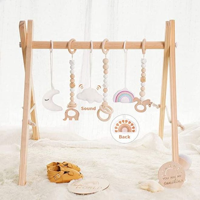 Little Dove Wooden Baby Gym with 6 Baby Teething Toys Foldable Play Gym Frame Activity Gym Hanging B...